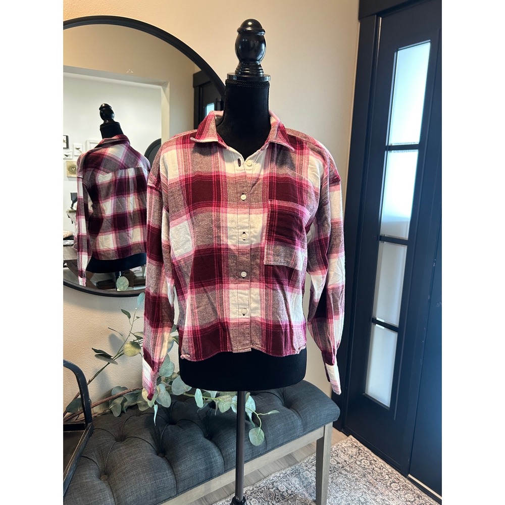 Loft Womens Pink Burgundy Plaid Flannel Button Down Shirt Cotton 753401 M